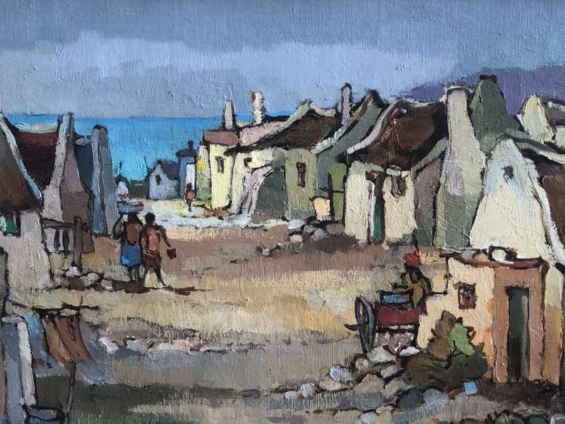 Kobus Louw ( SA 1933 - ) Oil on Canvas  Fishing Village with figures