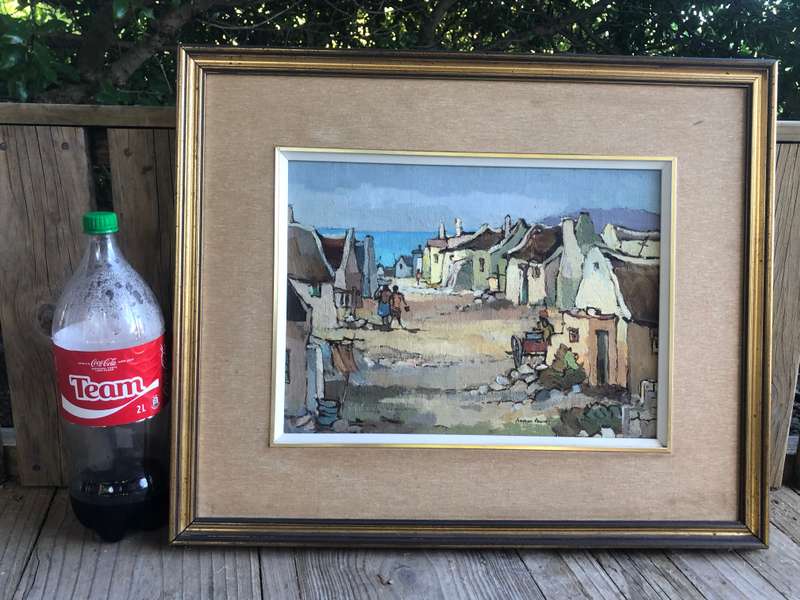 Kobus Louw ( SA 1933 - ) Oil on Canvas  Fishing Village with figures