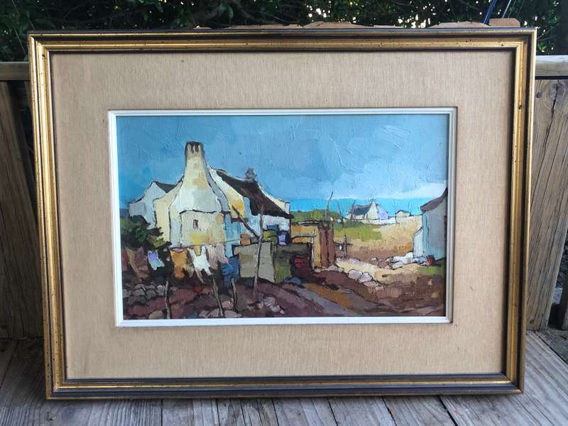 Kobus Louw ( SA 1933 - ) Oil on Canvas Fishing Village Washing Day