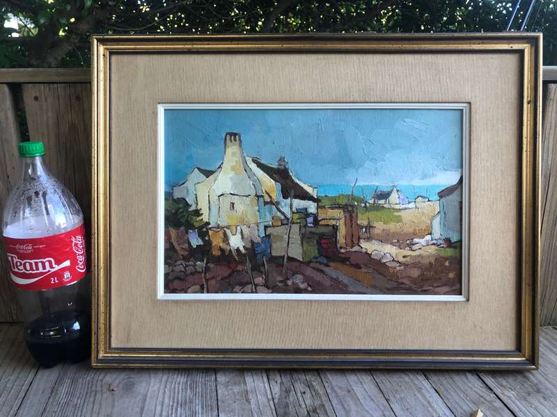 Kobus Louw ( SA 1933 - ) Oil on Canvas Fishing Village Washing Day