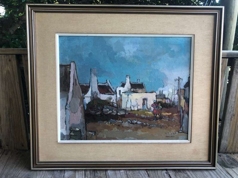 Kobus Louw ( SA 1933 - ) Oil on Canvas - Fishing Village With Figures - Washing Day
