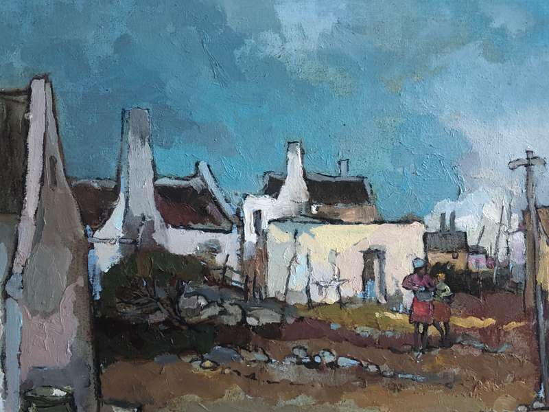 Kobus Louw ( SA 1933 - ) Oil on Canvas - Fishing Village With Figures - Washing Day