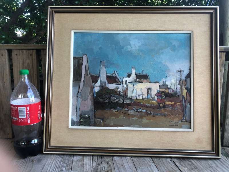Kobus Louw ( SA 1933 - ) Oil on Canvas - Fishing Village With Figures - Washing Day