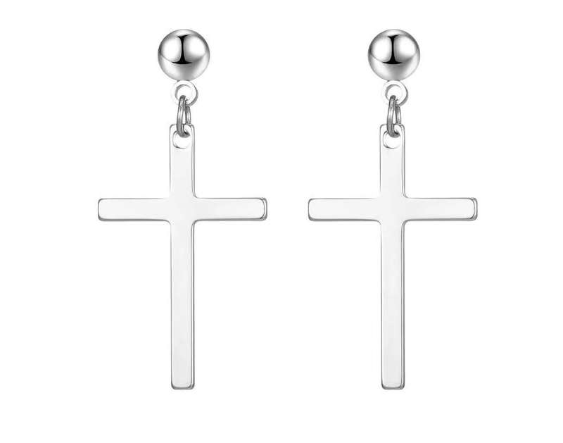 Unisex Stainless Steel Drop and Dangle Cross Earrings - Silver