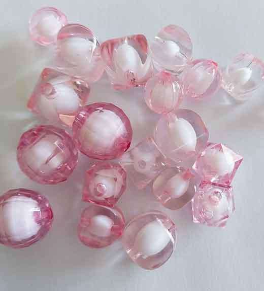Acrylic Beads, Mixed, Pink With White Cetre, Mixed Sizes, 10pc