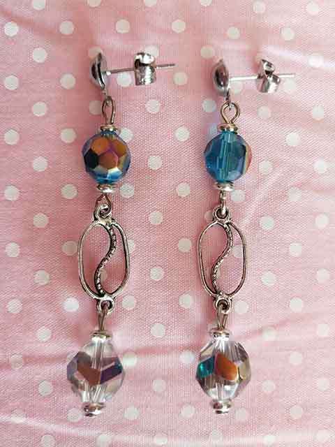 Earrings, Clear Crystal Beads+Turquoise AB Crystal Beads, Nickel Findings+Ear Studs, 58mm, 2pc