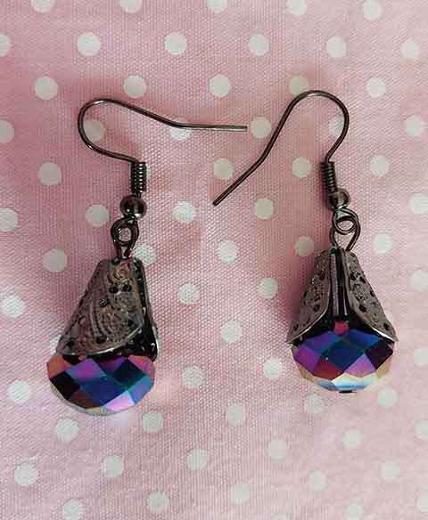 Earrings, Black AB Crystal Beads, Black Nickel Findings+Ear Hooks, 36mm, 2pc