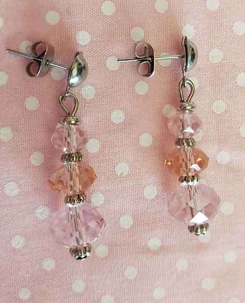Earrings, Pink Crystal Beads, Nickel Findings+Ear Studs, 34mm, 2pc