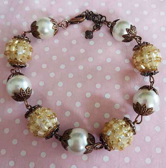 Bracelet, Light Yellow Glass Pearls+Yellow Seedbead Covered Beads, Lobster Clasp, 20.5cm+4cm
