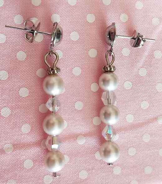 Earrings, Off White Shell Pearls+Clear AB Crystal Beads, Nickel Findings And Ear Studs, 40mm, 2pc