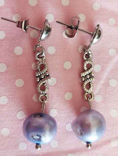 Earrings, Purple Freshwater Pearls, Nickel Findings And Ear Studs, 36mm, 2pc