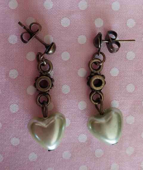 Earrings, Green Faux Pearl Heart, Bronze Findings And Ear Studs, 32mm, 2pc