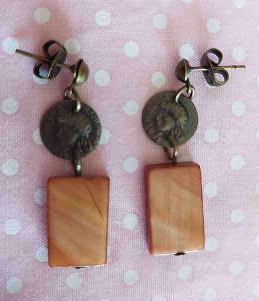 Earrings, Brown Shell Beads, Bronze Findings And Ear Studs, 34mm, 2pc