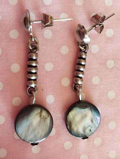 Earrings, Dark Grey Shell Beads, Nickel Findings And Ear Studs, 36mm, 2pc