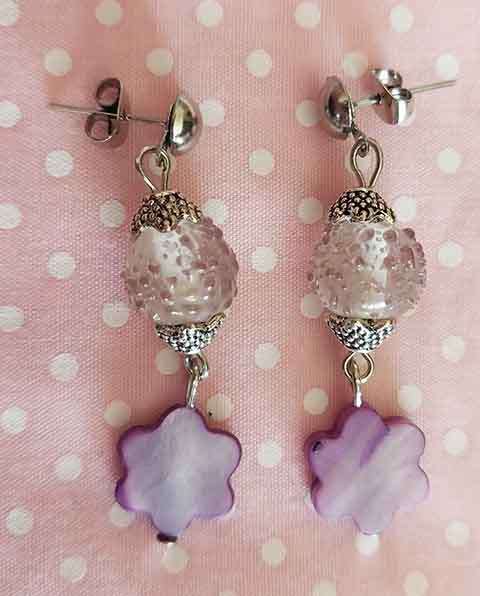 Earrings, Purple Shell Beads And Glass Beads, Nickel Findings And Ear Studs, 42mm, 2pc