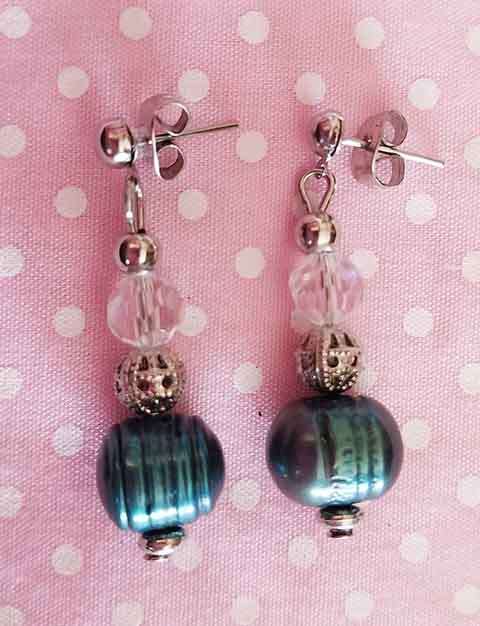 Earrings, Teal Freshwater Pearls With Clear Crystal Beads, Nickel Findings And Ear Studs, 35mm, 2pc