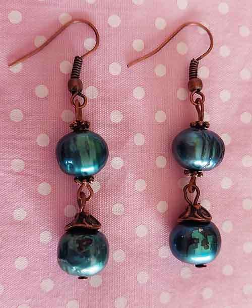 Earrings, Teal Freshwater Pearls, Copper Findings And Ear Hooks, 52mm, 2pc