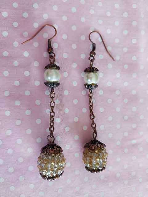 Earrings, Yellow Glass Pearls+Yellow Seedbead Covered Beads, Copper Findings And Ear Hooks, 77mm