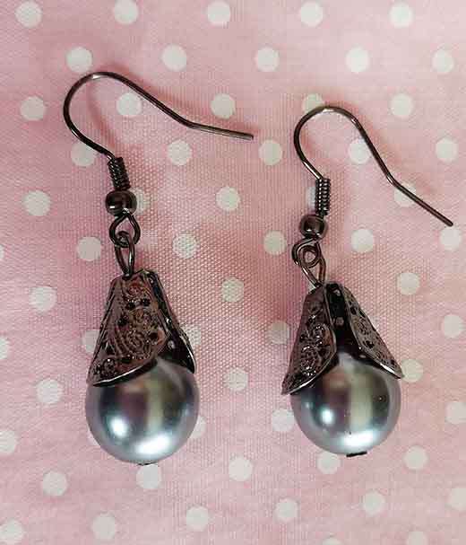 Earrings, Dark Grey Glass Pearls, Black Nickel Findings And Ear Hooks, 39mm