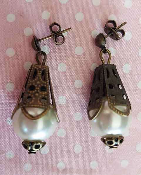 Earrings, Beige Glass Pearls, Bronze Findings And Ear Studs, 30mm, 2pc