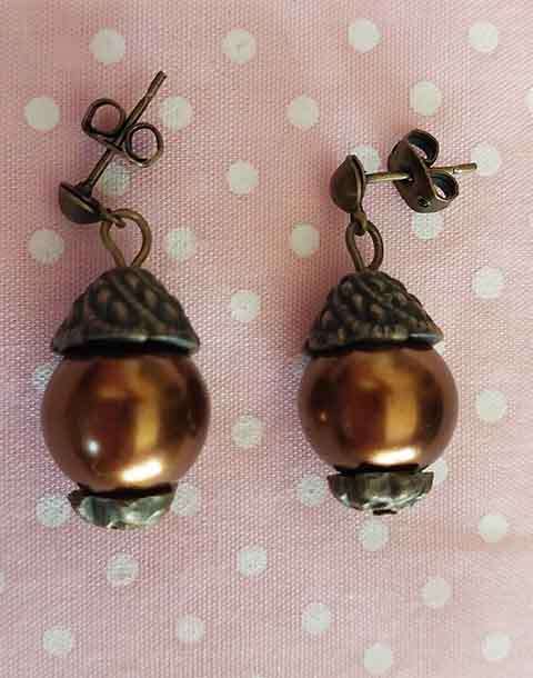 Earrings, Brown Glass Pearls, Bronze Findings And Ear Studs, 24mm, 2pc