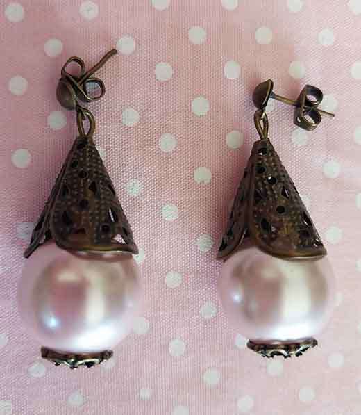 Earrings, Pink Glass Pearls, Bronze Findings And Ear Studs, 36mm, 2pc