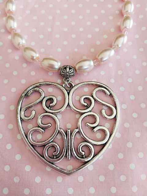 Necklace, Peach Glass Pearls+Crystal Cubes+Heart Pendant, Nickel Findings, Lobster Clasp, 43cm+5cm