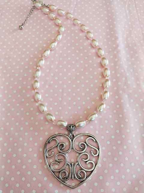 Necklace, Peach Glass Pearls+Crystal Cubes+Heart Pendant, Nickel Findings, Lobster Clasp, 43cm+5cm