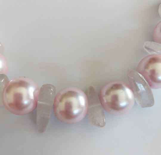 Necklace, Pink Glass Pearls+Pink Rose Quartz Chunks+Nickel Chain At Back, Lobster Clasp, 48cm+5cm