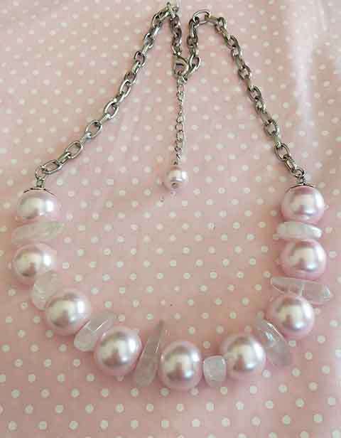 Necklace, Pink Glass Pearls+Pink Rose Quartz Chunks+Nickel Chain At Back, Lobster Clasp, 48cm+5cm