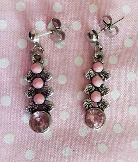 Riza Earrings, Pink Rhinestones With Pink Half Pearls, Nickel Findings + Ear Studs, 26mm, 2pc