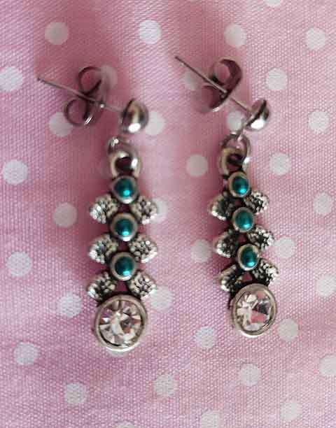 Riza Earrings, Clear Rhinestones With Teal Half Pearls, Nickel Findings + Ear Studs, 26mm, 2pc