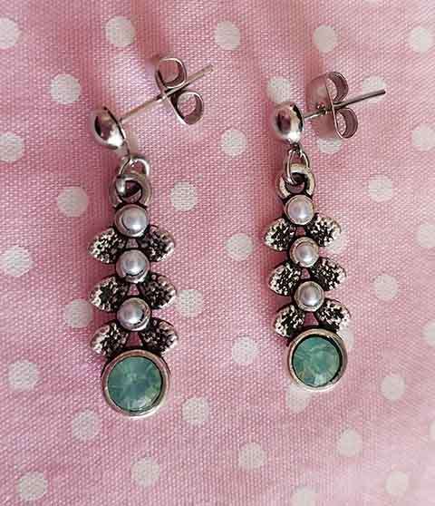 Riza Earrings, Milky Green Rhinestones With White Half Pearls, Nickel Findings + Ear Studs, 26mm