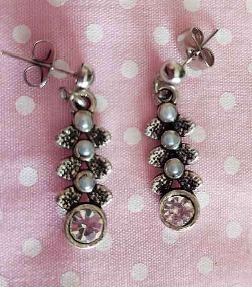 Riza Earrings, Clear Rhinestones With White Half Pearls, Nickel Findings + Ear Studs, 26mm