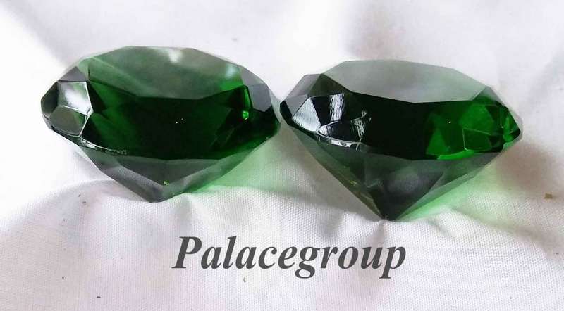Display Item, 2 x Emerald Green Crystals, Round Cut, Dia 40mm, Height 26mm, Weight 33gr