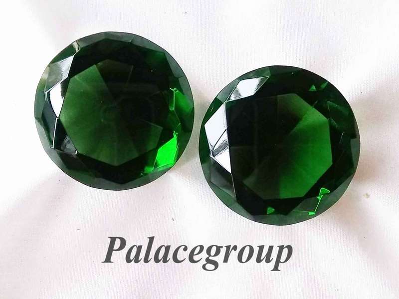 Display Item, 2 x Emerald Green Crystals, Round Cut, Dia 40mm, Height 26mm, Weight 33gr