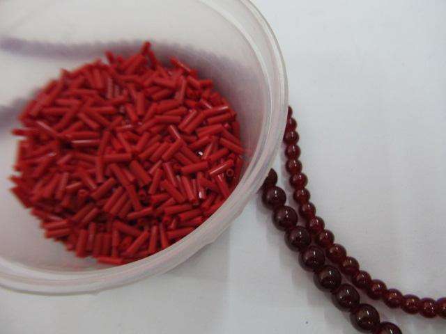Glass Beads Mixed, Red, 4mm, 6mm, bugles, 2 x 25pc, 1 x Seedbeads