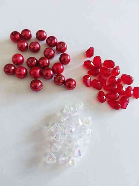 Glass Beads, Mixed, 3 x 20pc, Round 8mm, Teardrop 8mm x 6mm, Bicone 6mm Red & Clear AB