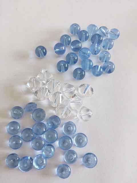 Glass Beads, Mixed, 2 x 20pc, 1 x 10pc, 8mm+8mm+6mm x 9mm, Round, Bicone, Flat Disc, Blue+Blue+Clear