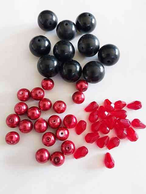 Glass Beads, Mixed, 2 x 20pc, 1 x 10pc, Black+Red+Red, Round, Teardrop, 14mm, 8mm, 8mm x 6mm