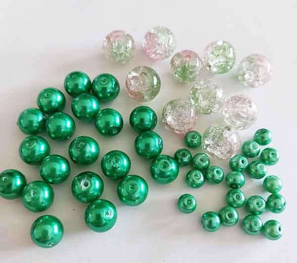 Glass Beads, Mixed, 2 x 20pc, 1 x 10pc, Green, Green/Pink, Green, Round, 12mm, 10mm x 6mm