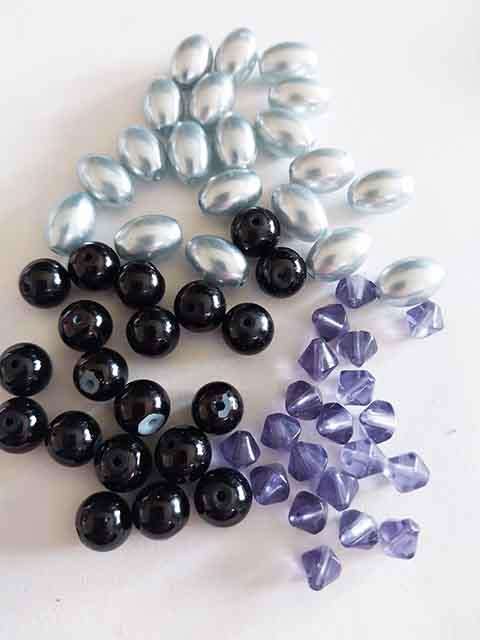 Glass Beads, Mixed, 3 x 20pc, Grey+Black+Purple, Round, Oval, Bicone, 11mm x 8mm, 8mm, 6mm