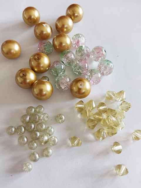 Glass Beads, Mixed, 2 x 20pc+2 x 10pc, Gold+Green/Pink+Green+Ye, Round, Bicone, 16mm, 12mm, 8mm, 6mm