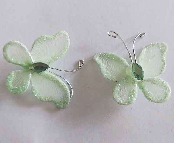 Embellishments, Fabric, Flower, Green With Rhinestones, 24mm x 30mm, 2pc