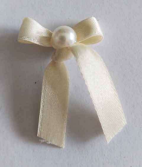 Embellishments, Fabric, Bow With Faux Pearl, Beige, 22mm x 35mm, 4pc