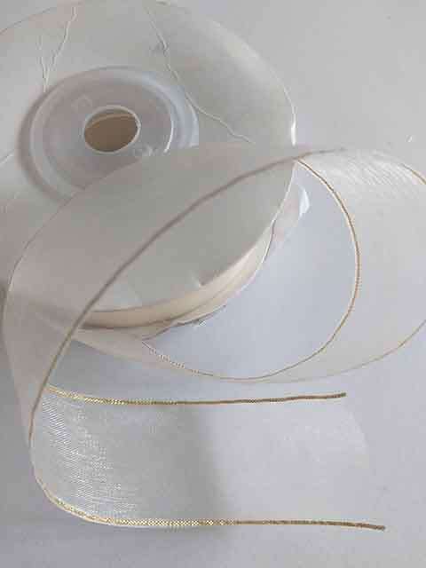 Organza Ribbon, Beige With Golden Border, 26mm Wide, 1pc / 1 meter