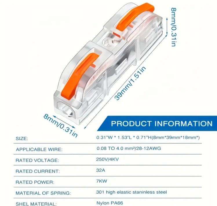  Transparent Quick Wire Connectors  32A  50 Pack (25x Orange + 25x Blue) 