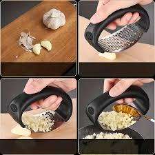 Stainless steel and plastic kitchen rocker garlic press, 107 mm x 56 mm x 70 mm size