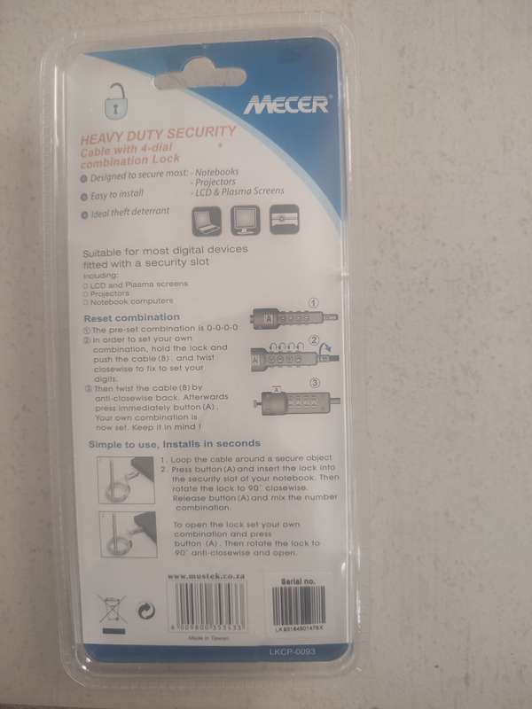 Mecer noteguard security cable for laptops, pc Plasma