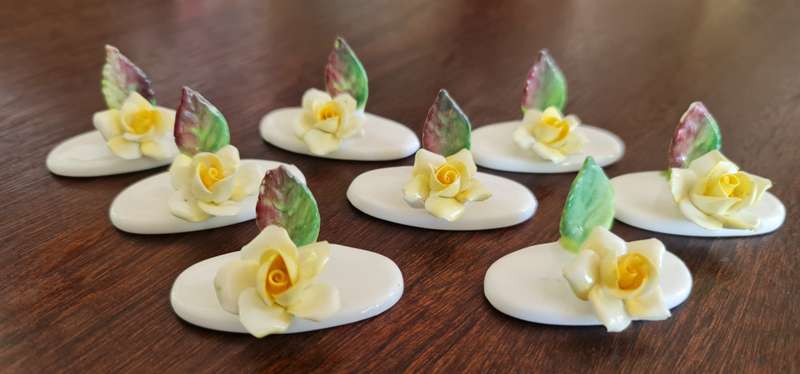 Vintage Bone China Roses. 8 Place Card Holders Crown Staffordshire Hand Made 1970s.  8pcs hand-made